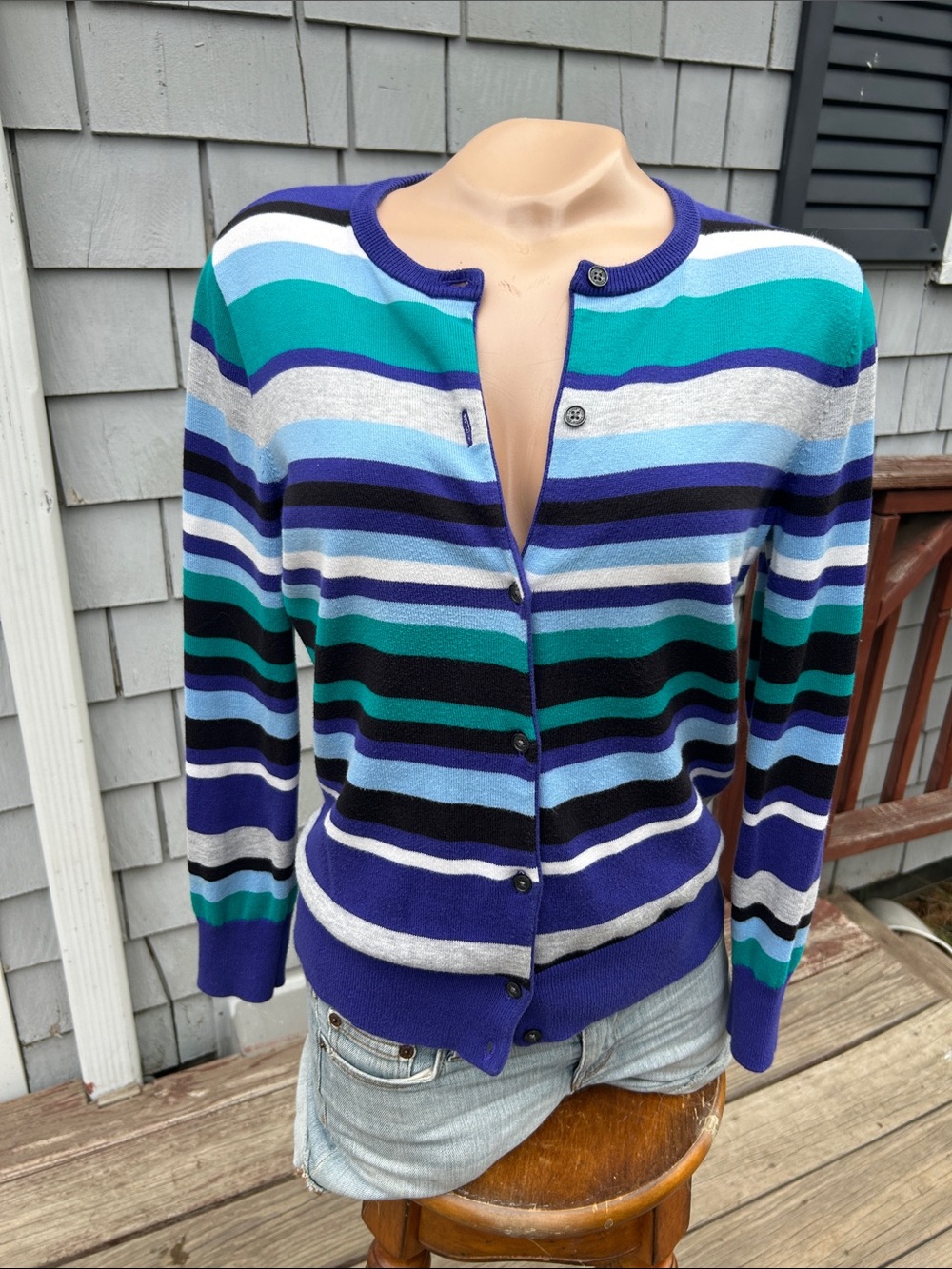 Lands End Striped Crewneck Cardigan Sweater -XSP-supima cotton